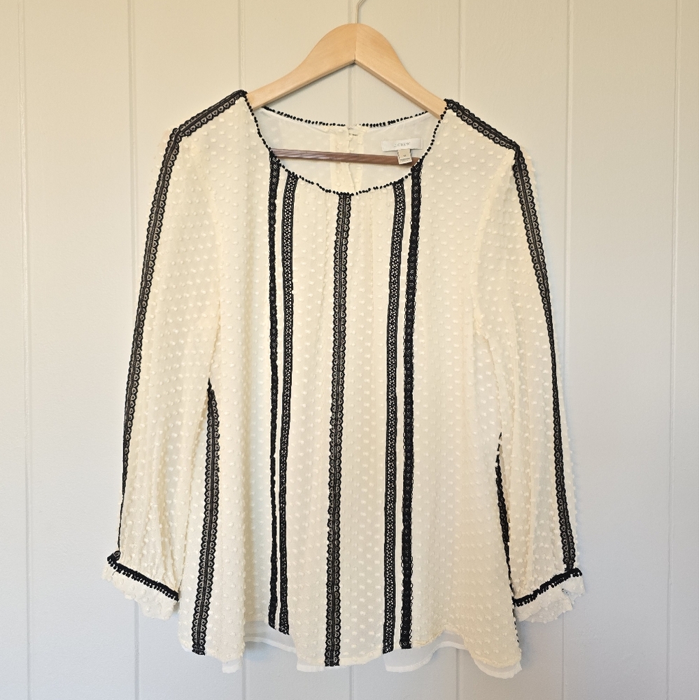 J. Crew White Cream Textured Blouse with Black Lace
